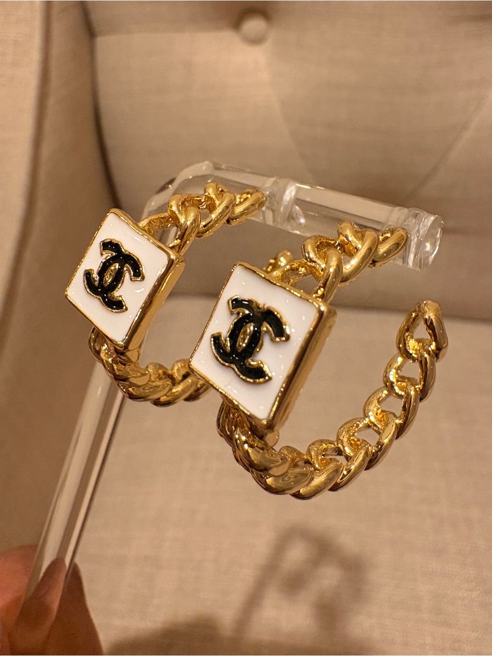 CHANEL Gold Hoop Earrings with White Enamel and Black CC
